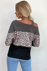 Leopard Print Color Block Cold  Shoulder Top Ins Street