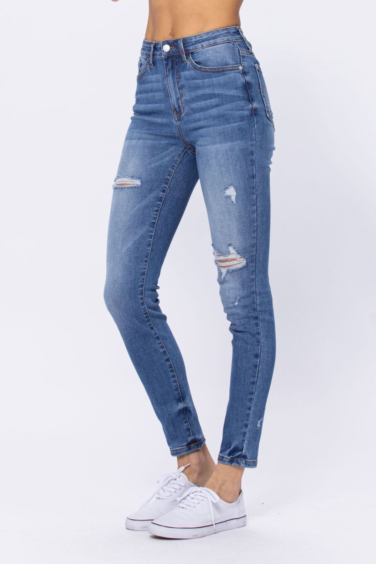 Light Blue Embroidery Pocket Distressed Skinny Jeans Ins Street