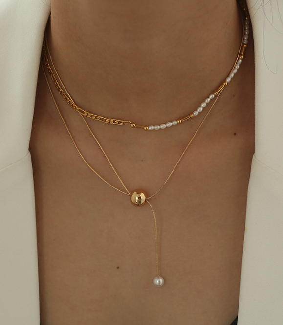 Metal Ball Long Adjustable Micro Glass Bead Necklace Korean Simple Cold Style Double Layer Necklace Women Ins street