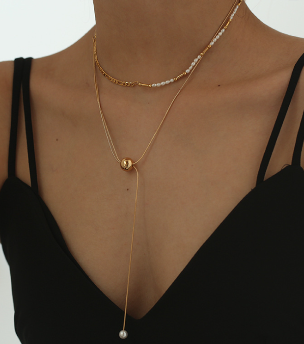 Metal Ball Long Adjustable Micro Glass Bead Necklace Korean Simple Cold Style Double Layer Necklace Women Ins street