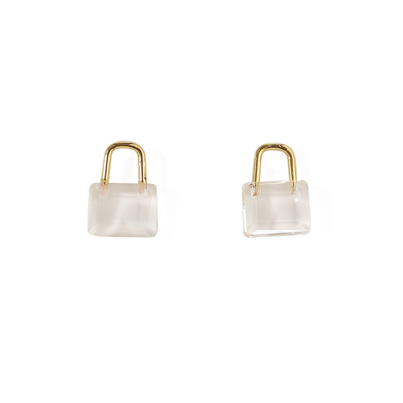 Transparent Crystal Glass Lock Stud Earrings for Women Simple Personality Small Niche Design Fashion Earrings Ins street