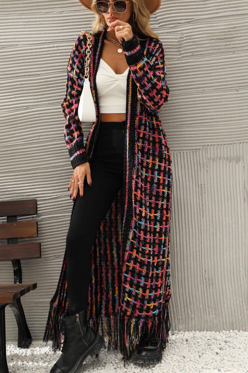 Multicolored Open Front Fringe Hem Cardigan Ins Street
