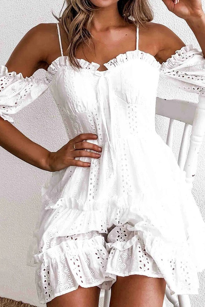 Eyelet Embroidered Ruffle Spaghetti Strap Summer Mini Dress Ins street