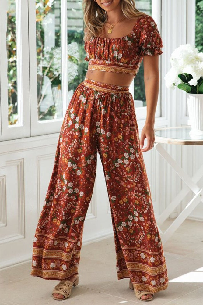 Floral Crop Top & Wide Legs Pants Two-Piece Set Ins street