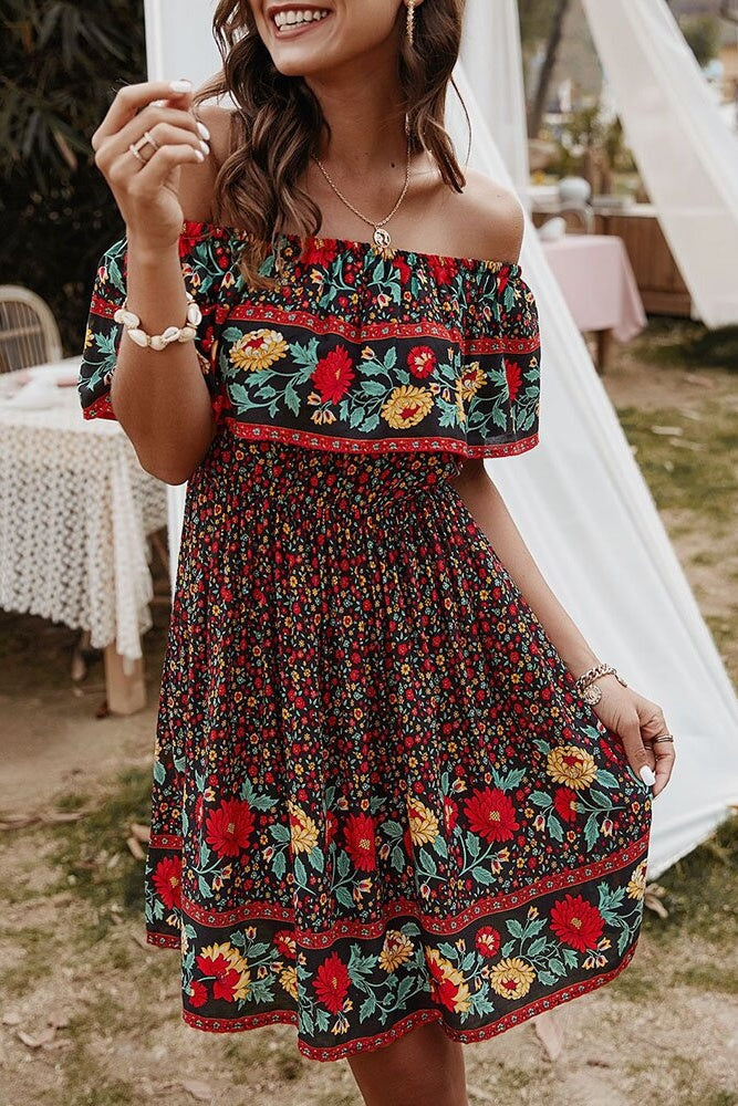 Floral Off-Shoulder Frill Mini Dress Ins street