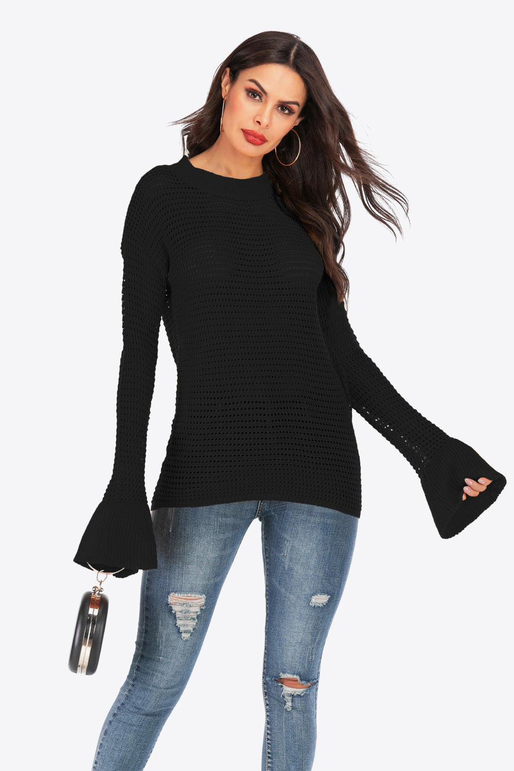 Openwork Flare Sleeve Round Neck Sweater Ins Street