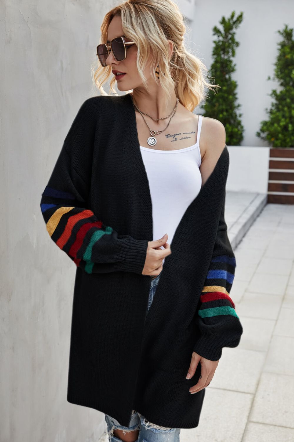 Multicolored Stripe Open Front Longline Cardigan Ins Street