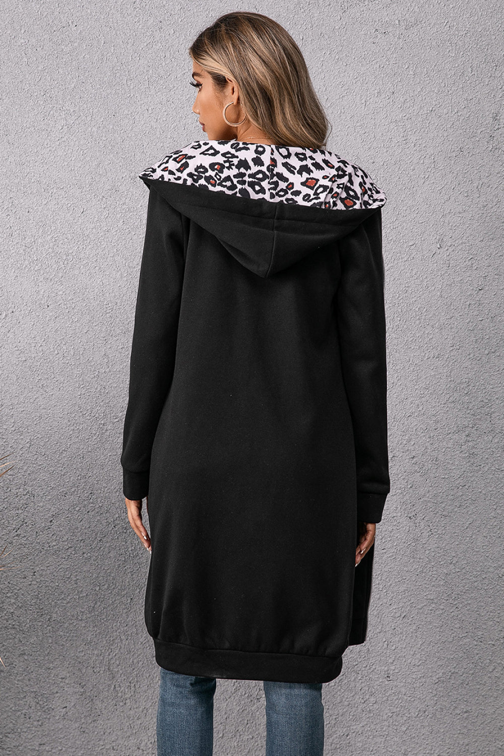 Leopard Spliced Drawstring Zip Up Hoodie Dress Ins Street
