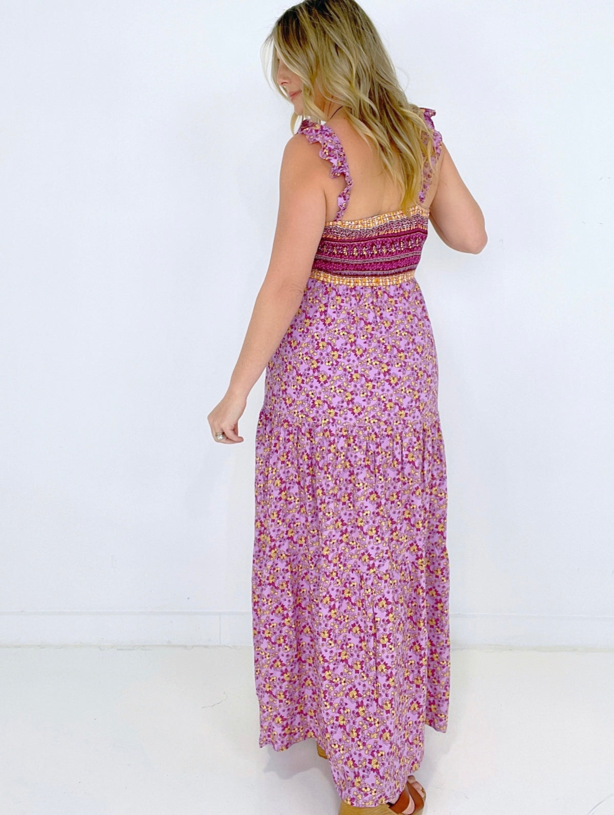 Pink Shirred Ruffled Sleeveless Floral Maxi Dress Kiwidrop