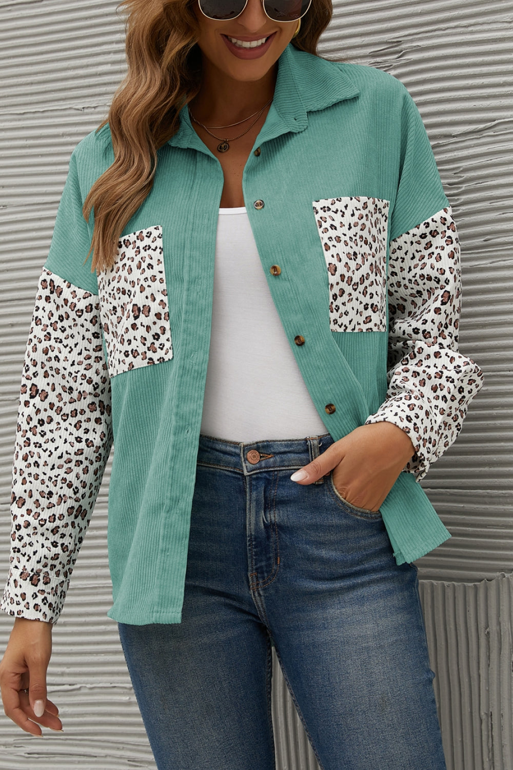 Leopard Splicing Button Front Corduroy Blouse Ins Street