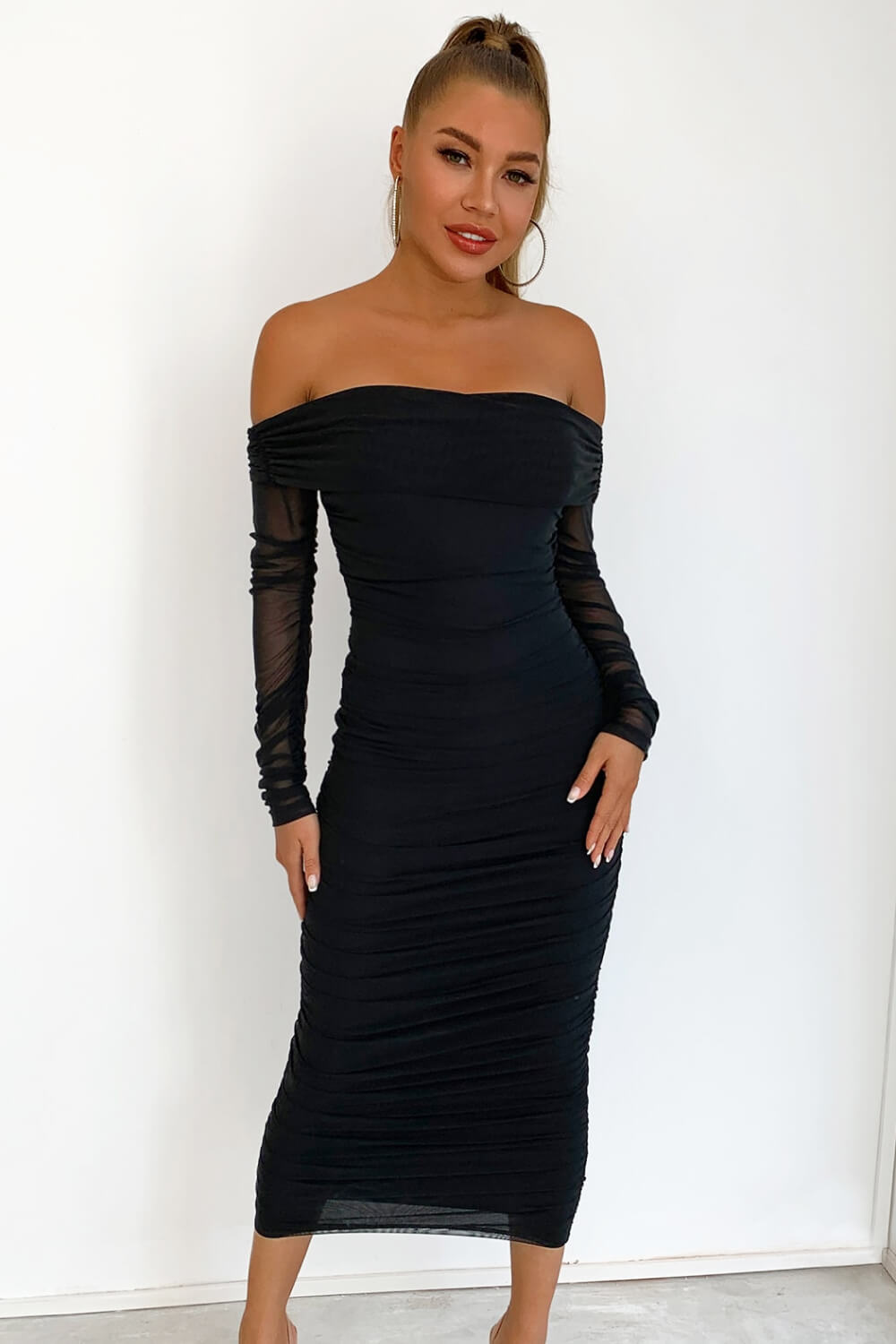 Off-Shoulder Ruched Midi Bodycon Dress Ins Street