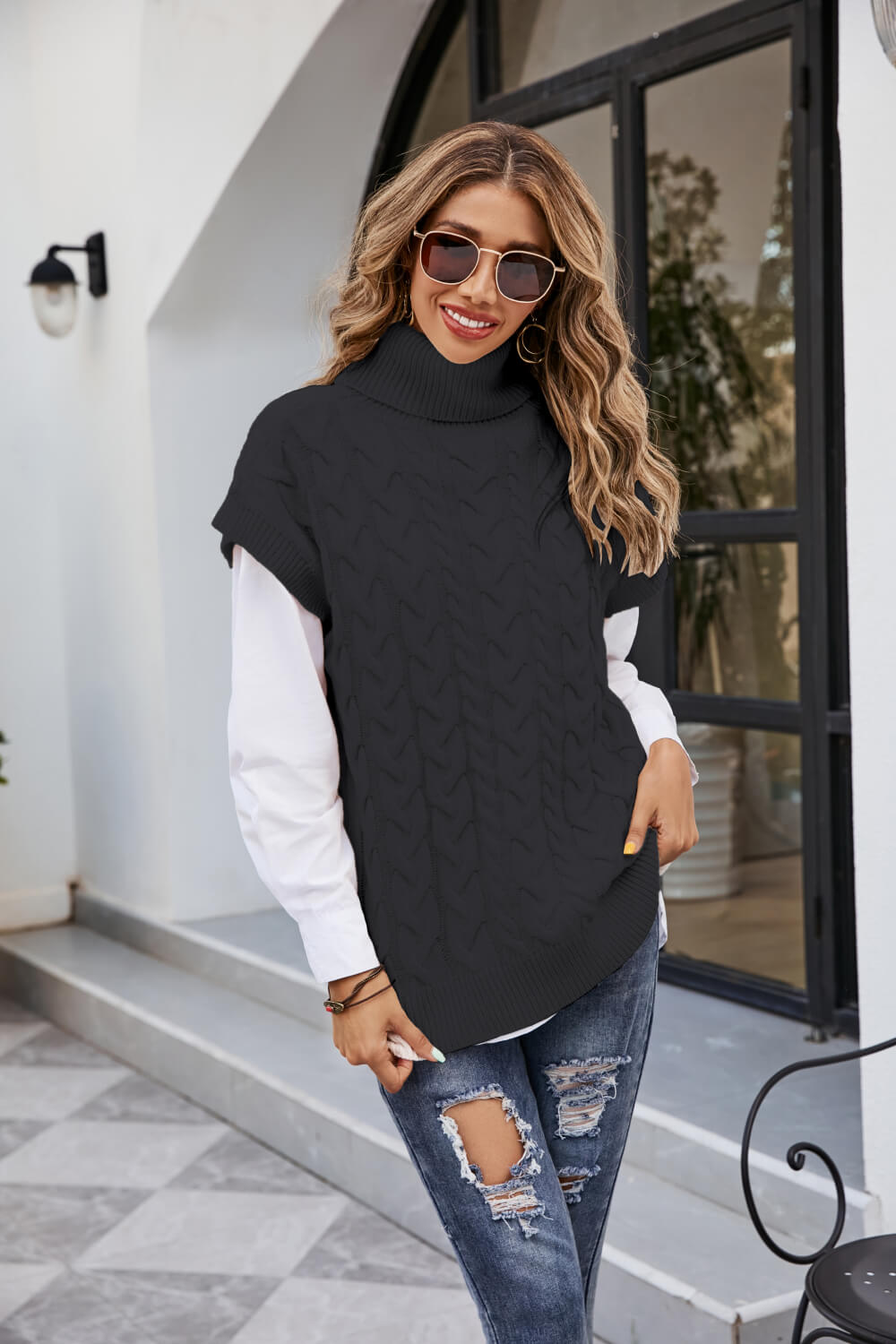 Mixed Knit Short Sleeve Turtleneck Sweater Ins Street