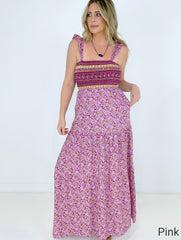 Pink Shirred Ruffled Sleeveless Floral Maxi Dress Kiwidrop