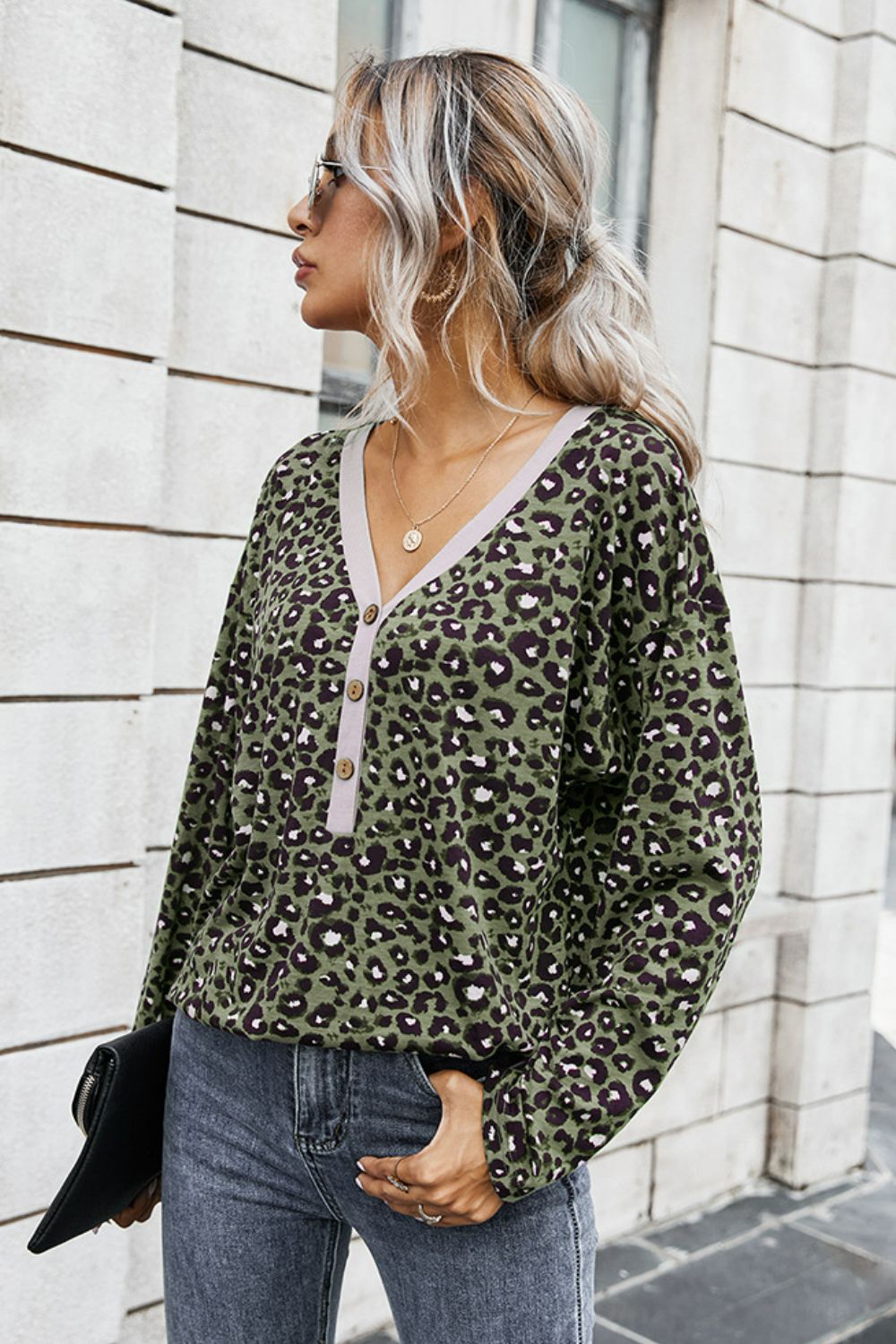 Leopard Buttoned Contrast Trim Top Ins Street