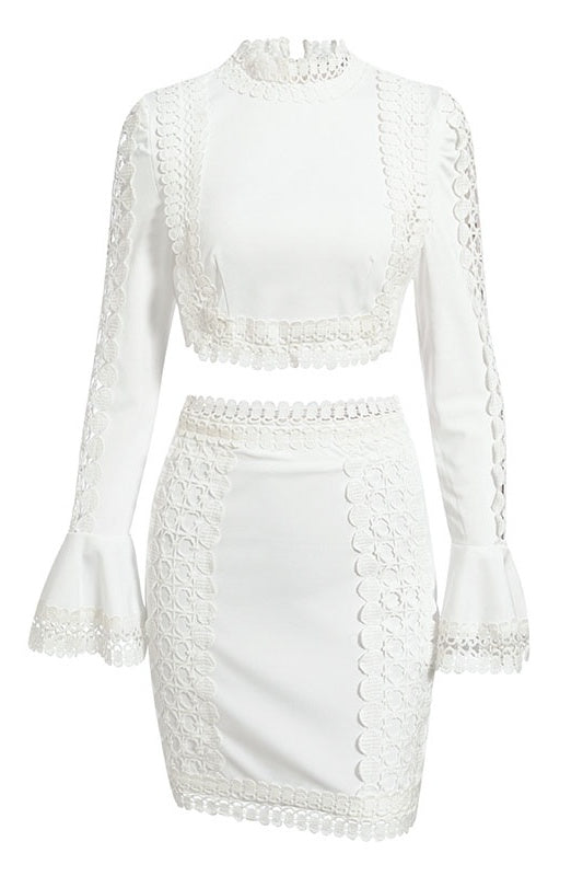 White Lace Crochet Blouse Skirt 2-Piece Coord Set Ins street