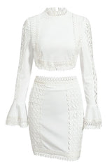 White Lace Crochet Blouse Skirt 2-Piece Coord Set Ins street