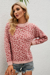 Leopard Ribbed Trim Round Neck Sweater Ins Street