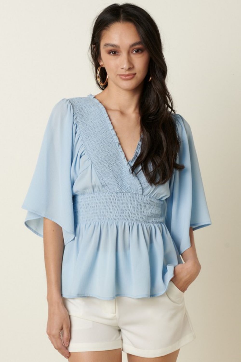 Mittoshop R.S.V.P. Full Size Run Flare Sleeve Peplum Blouse in Blue Ins Street