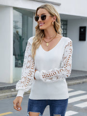 Lace Sleeve Ribbed Trim V-Neck Sweater Ins Street