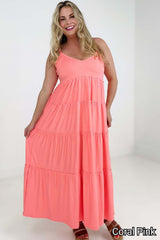 New Colors - Zenana V-Neck Cami Maxi Tiered Dress with Side Pockets Kiwidrop