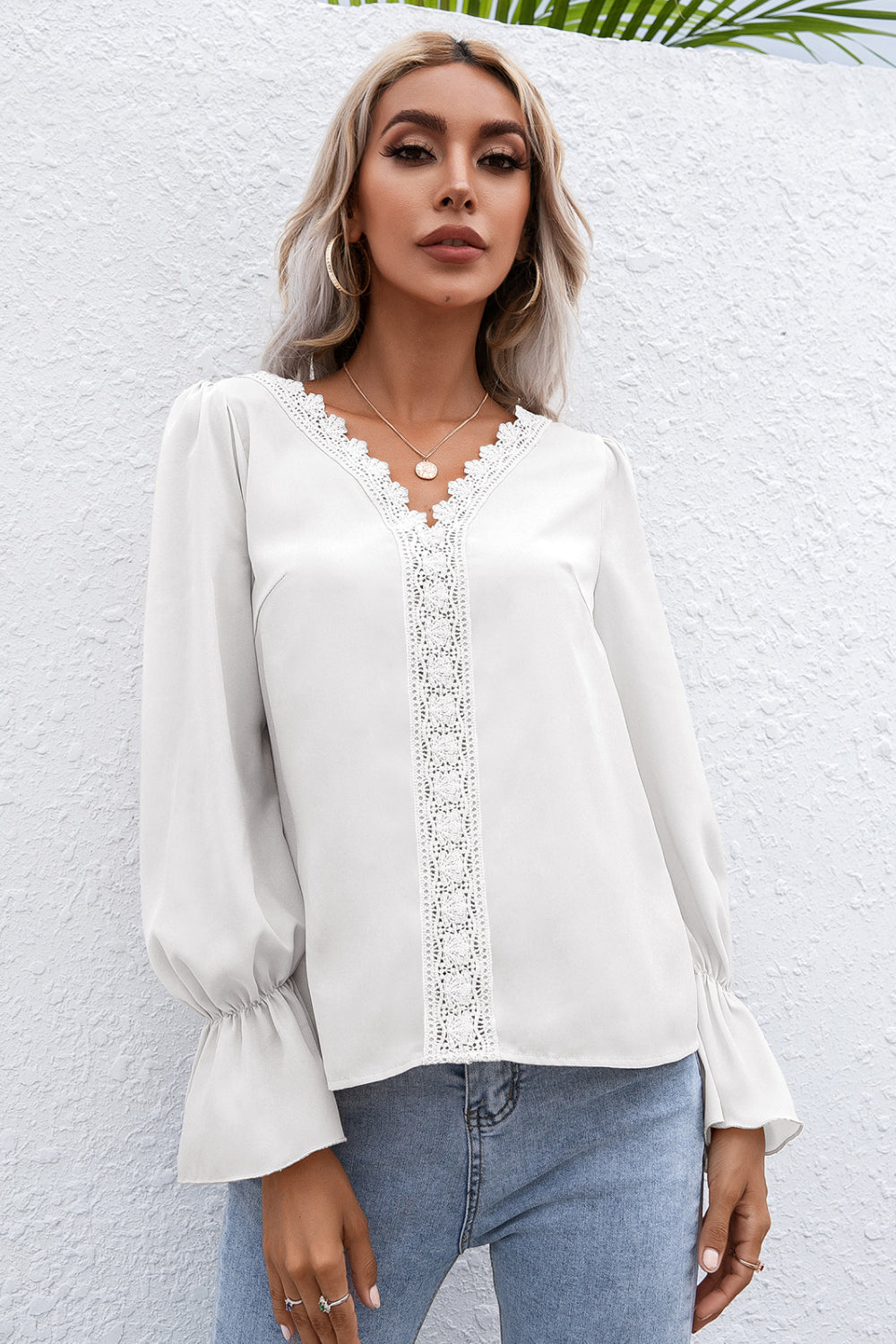 Lace Trim Flounce Sleeve Blouse Ins Street