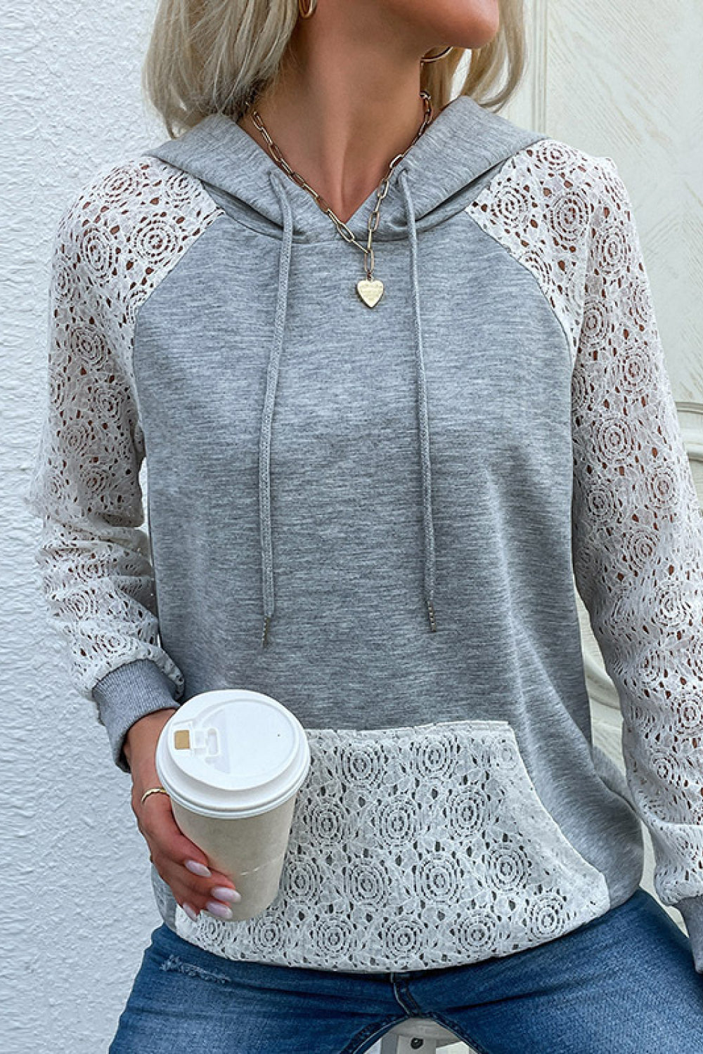 Lace Raglan Sleeve Drawstring Hoodie Ins Street