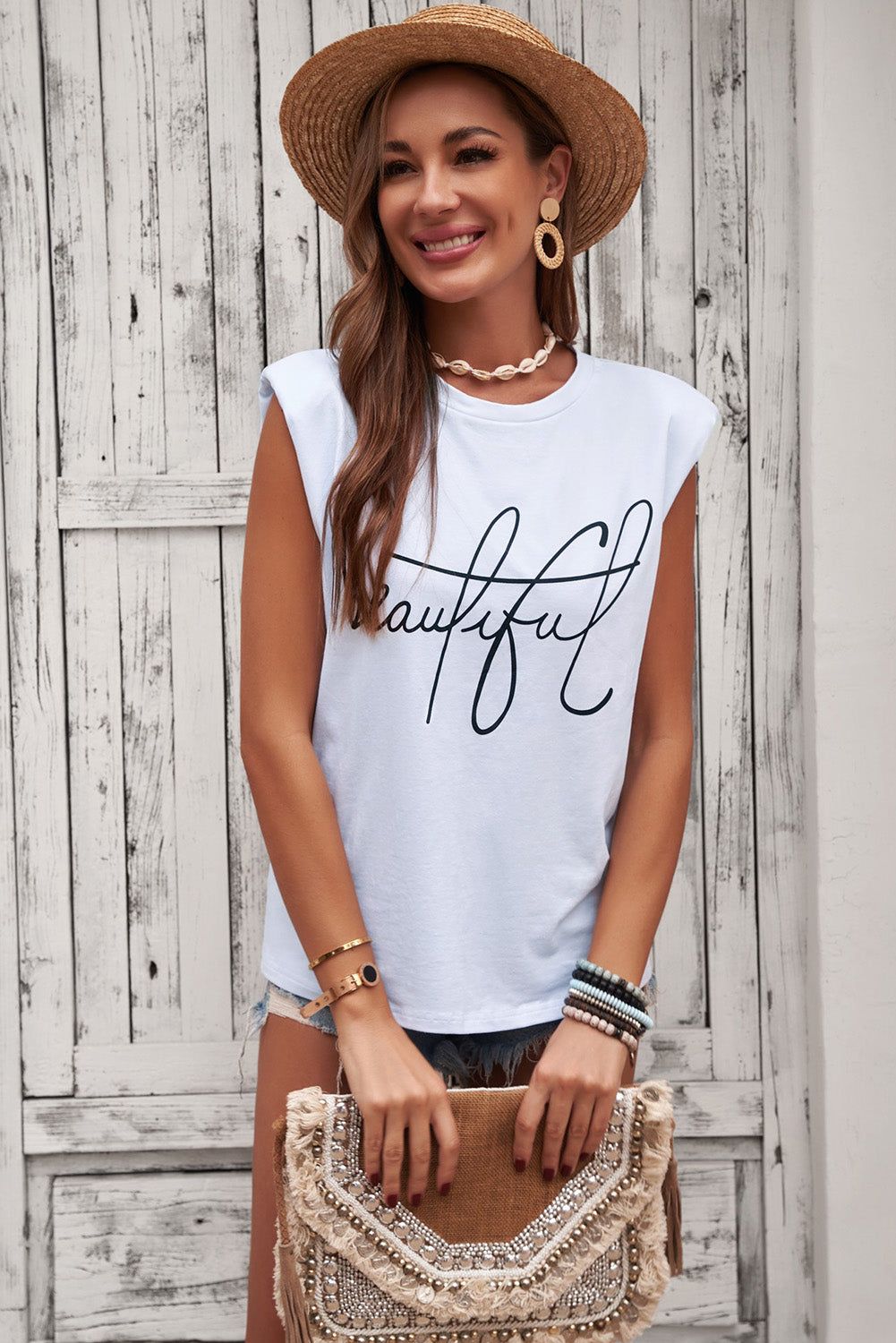 Padded Shoulder Letter Print Tank Top Ins Street