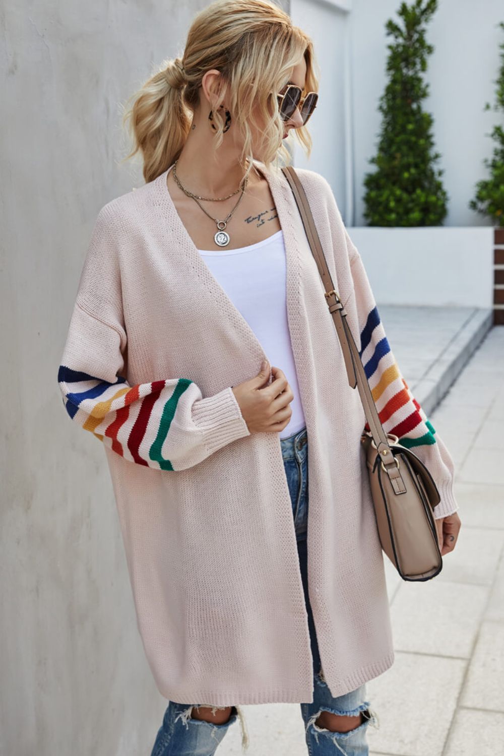 Multicolored Stripe Open Front Longline Cardigan Ins Street