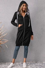 Leopard Spliced Drawstring Zip Up Hoodie Dress Ins Street