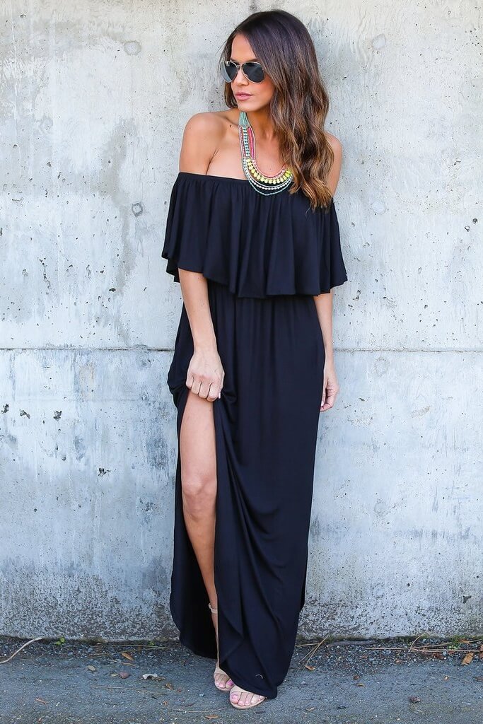 Off-Shoulder Side Split Maxi Dress Ins street