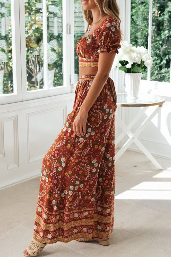 Floral Crop Top & Wide Legs Pants Two-Piece Set Ins street