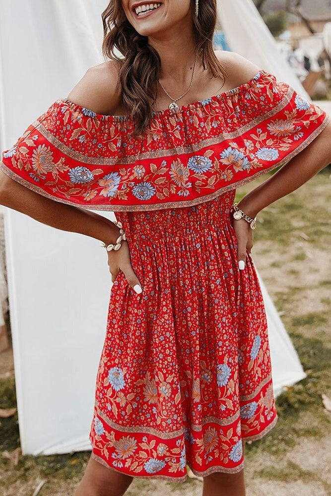 Floral Off-Shoulder Frill Mini Dress Ins street