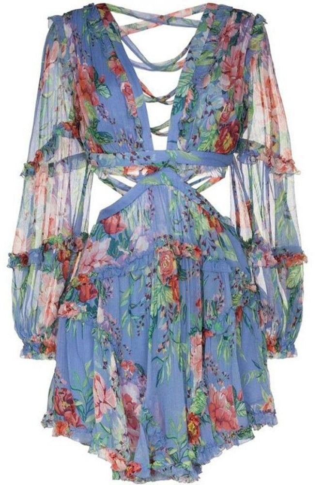Floral Long Sleeve Ruffle Lace-Up Back Mini Dress Ins street