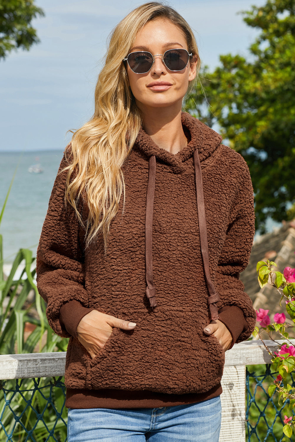 Drawstring Sherpa Hoodie with Pocket Ins Street