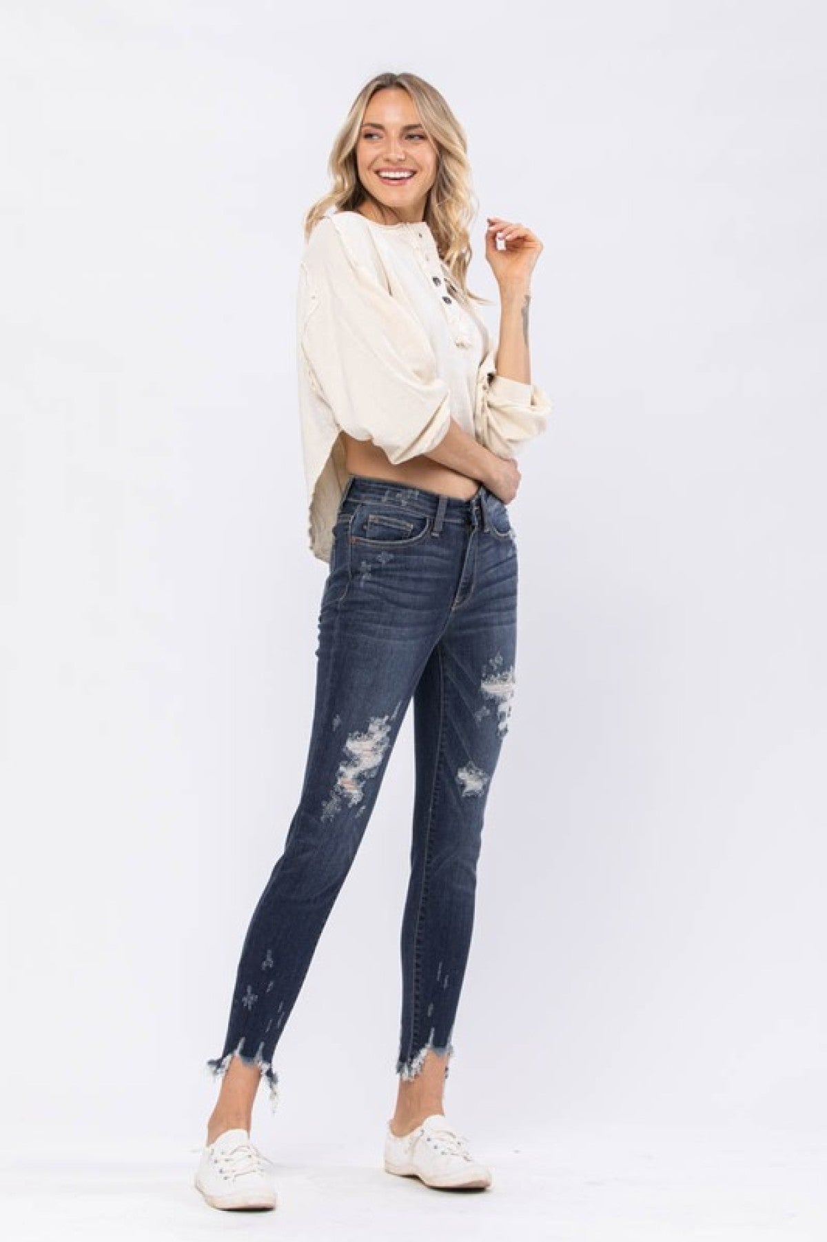 Mid-Rise Destroyed Hem Shark Bite Skinny Jeans Ins Street