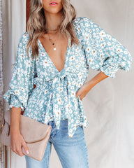 Anything For Love Floral Tie Front Peplum Top FLAW-001