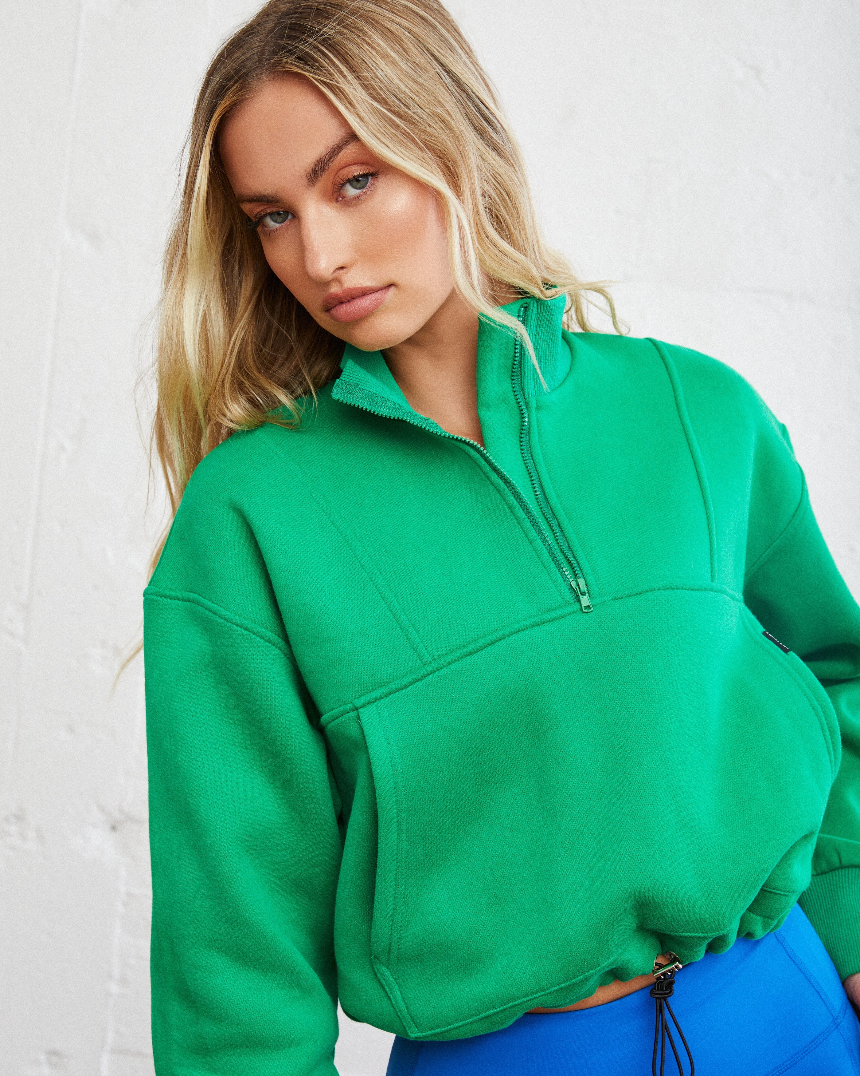 Athletic Cotton Blend Pocketed Half Zip Pullover - Green - FINAL SALE InsStreet