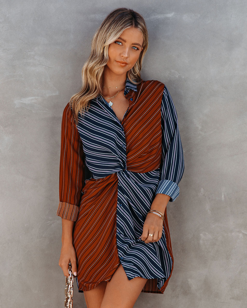 Abby Twist Front Striped Shirt Dress FATE-001