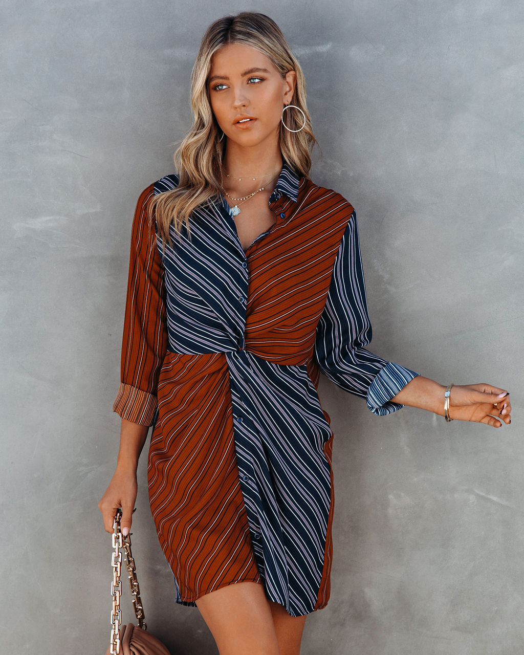 Abby Twist Front Striped Shirt Dress FATE-001