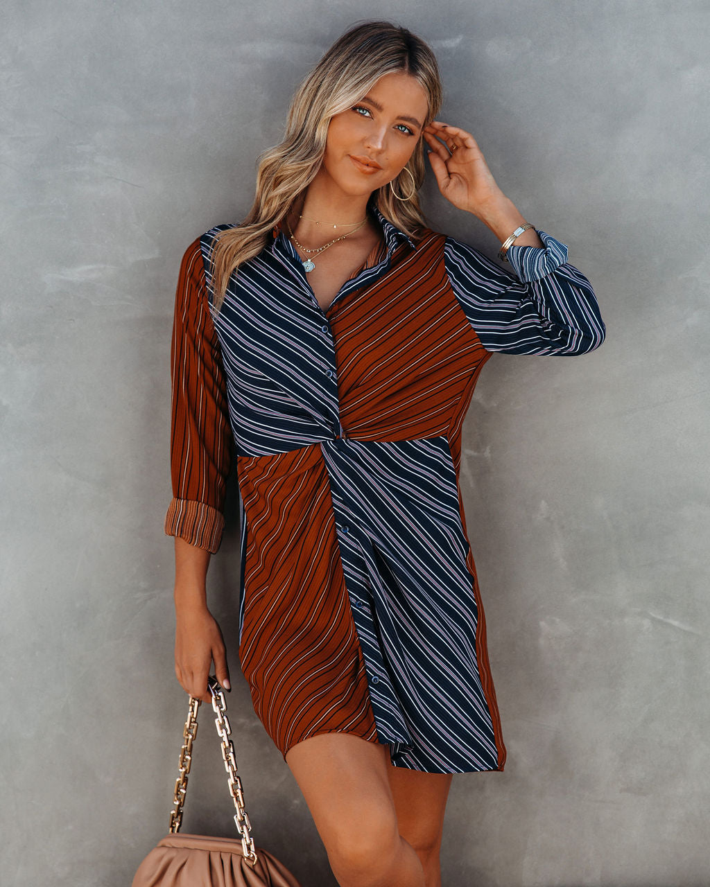 Abby Twist Front Striped Shirt Dress FATE-001