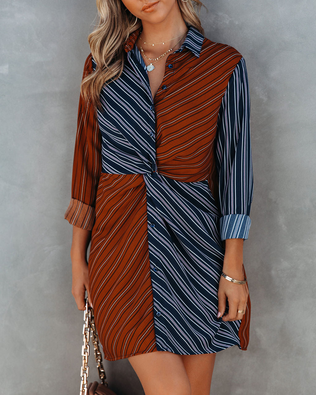 Abby Twist Front Striped Shirt Dress FATE-001