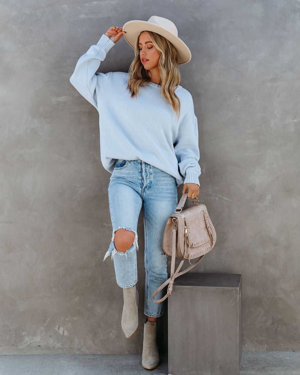 Acacia Cotton Crew Neck Sweater - Light Blue BY T-001