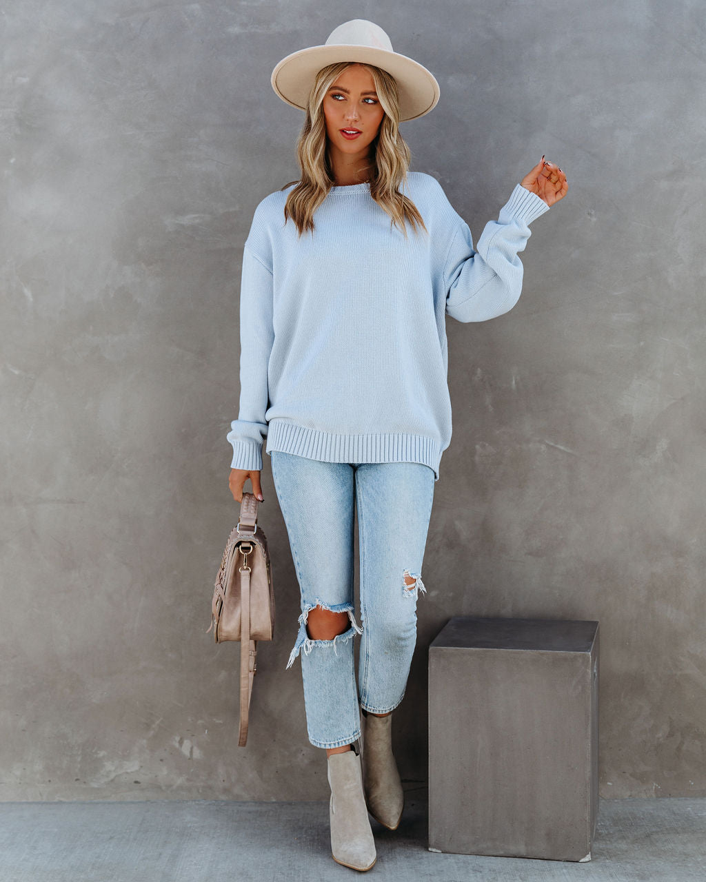 Acacia Cotton Crew Neck Sweater - Light Blue BY T-001