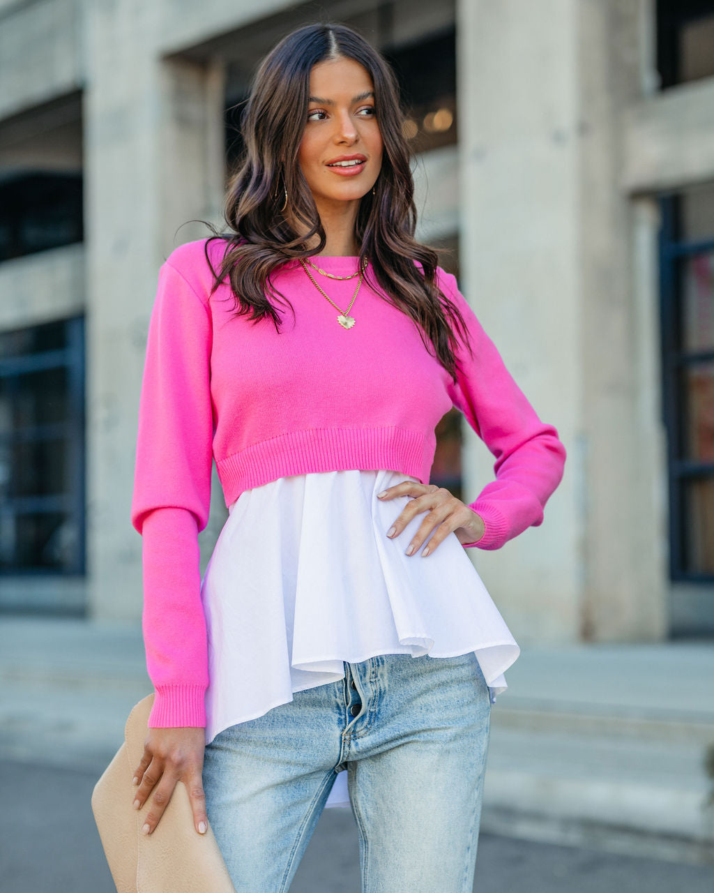 Adrienne Contrast Poplin Sweater Top - Pink ENDL-001