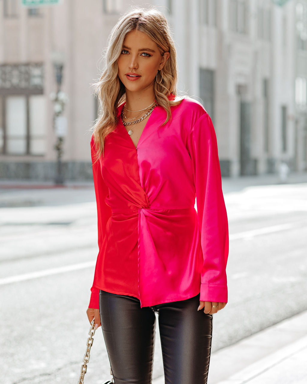 Aella Satin Colorblock Twist Blouse - Red Magenta AEOM-001