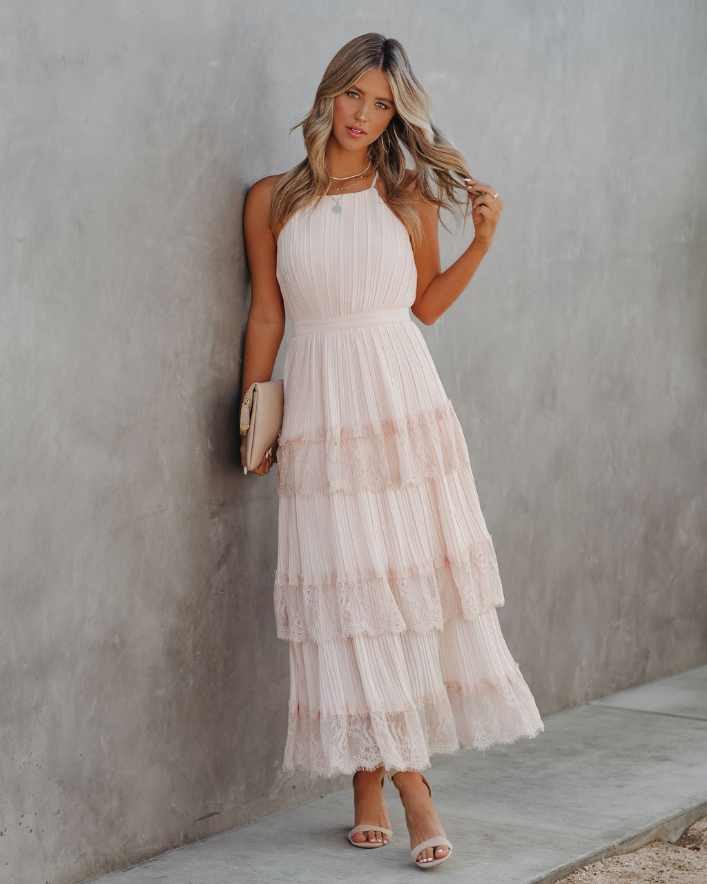 Affection Pleated Tiered Lace Maxi Dress - Blush JUST-001