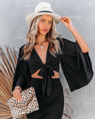 Angel Dust Bell Sleeve Tie Front Crop Top - Black TYCH-001