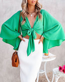 Angel Dust Bell Sleeve Tie Front Crop Top - Kelly Green TYCH-001
