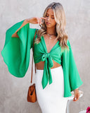 Angel Dust Bell Sleeve Tie Front Crop Top - Kelly Green TYCH-001