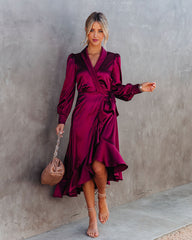 Anniversary Satin Wrap Midi Dress - Merlot - FINAL SALE LUSH-001